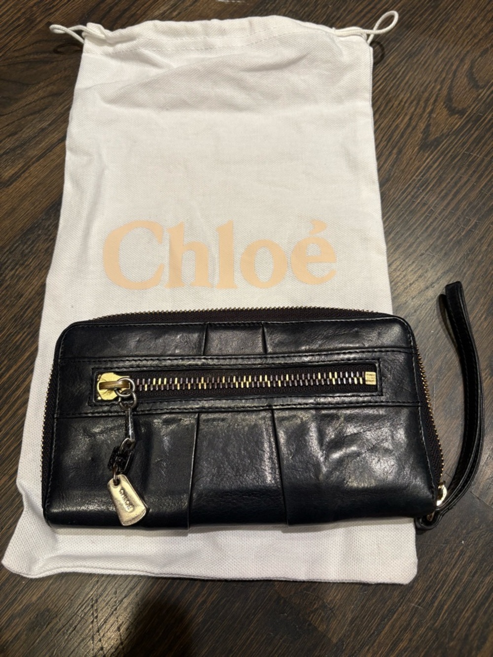 See by Chloé Black Leather Zip Wallet wristlet as is gold silver hardware
